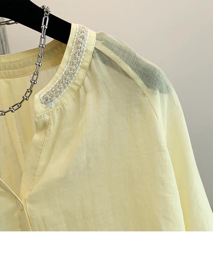 Damen lässiger Anzug aus Baumwolle-Leinen mit Perlen: Kurzarmhemd & Vielseitige Shorts