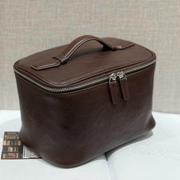 Large Capacity Leather Cosmetic Bag Portable Travel Makeup Case with Handle