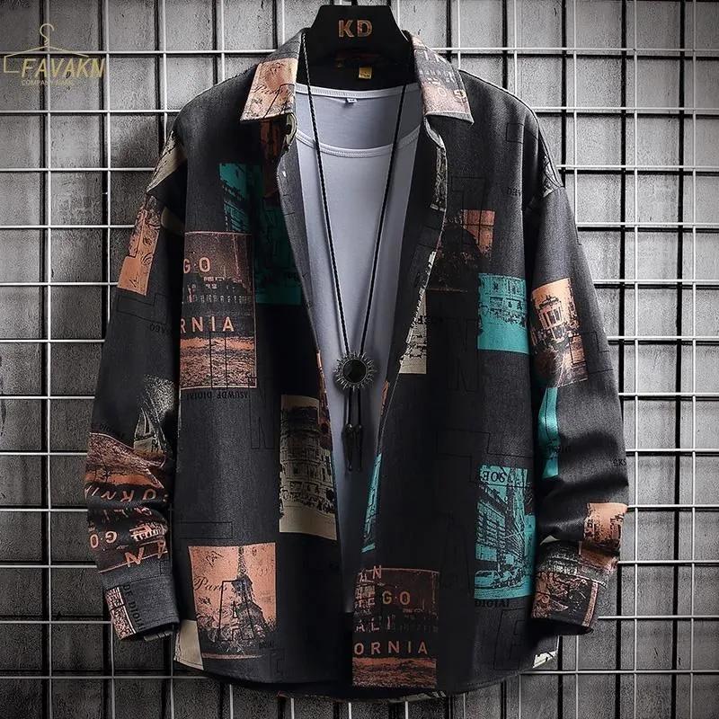 Camicia da Uomo Retro Patchwork Manica Lunga Oversize Casual con Bottoni