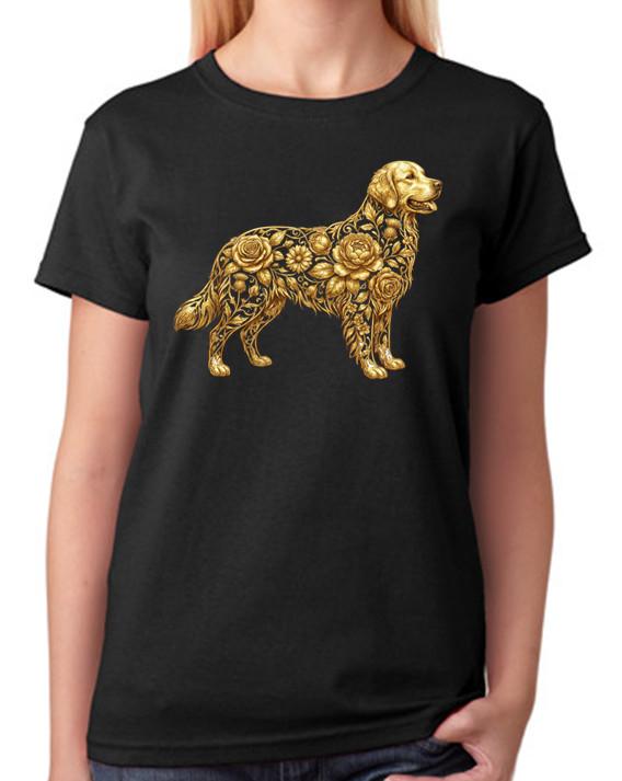Floral Golden Retriever Outline Ladies T-Shirt Elegant Dog Art Tee L