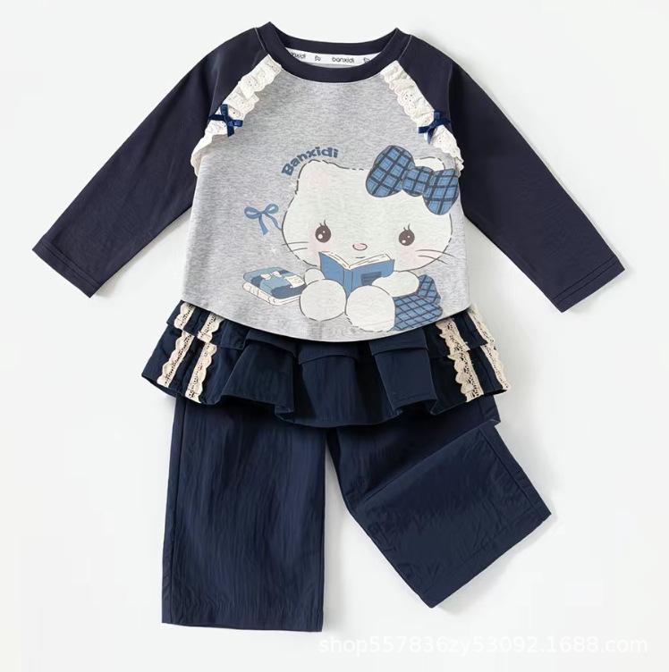 Girls  Floral Lace Cartoon Raglan Sleeve T-shirt Set for Spring/Autumn 90 cm