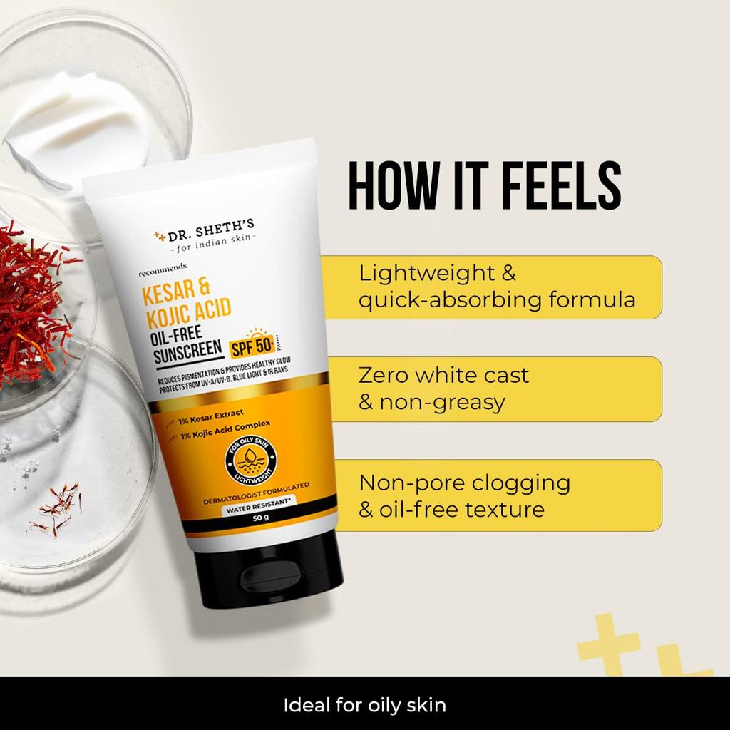 Dr. Sheth's Kesar & Kojic Acid Oil-Free Sunscreen SPF 50+ PA++++ 50 G Pack for Oily Skin Protection