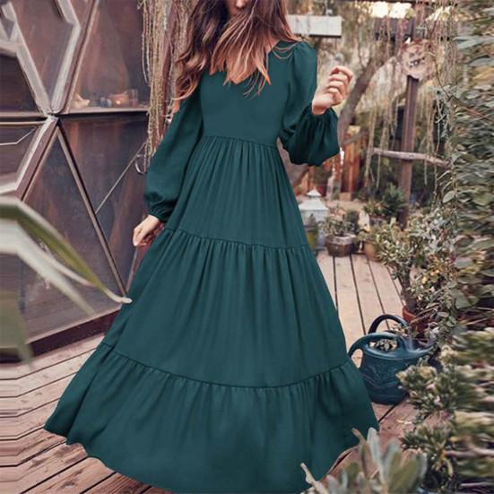 V Neck Puff Long Sleeve Waist Tight High-Waist A-Line Elegant Dress Autumn Solid