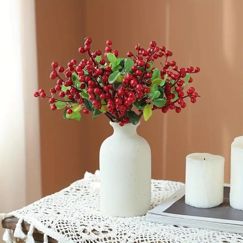 1 Bunch Home Decor Lifelike Artificial Fruit 12-head with Leaves DIY Foam Fruit Red Berries Branch Tabletop Accents