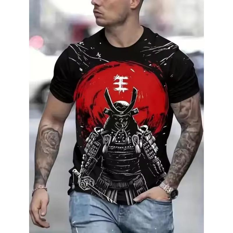 Übergröße Herrenmode Samurai Grafik T-Shirt, 3D Druck Trendy Stylisches Oberteil, Reifer & Eleganter Stil