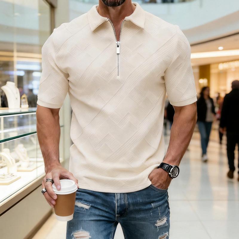 

Stylish Mens Textured Jacquard Polo Shirts 2026 Spring Summer Casual Short Sleeve Polo Shirt Men Vintage Zip-upp Lapel Pullovers S