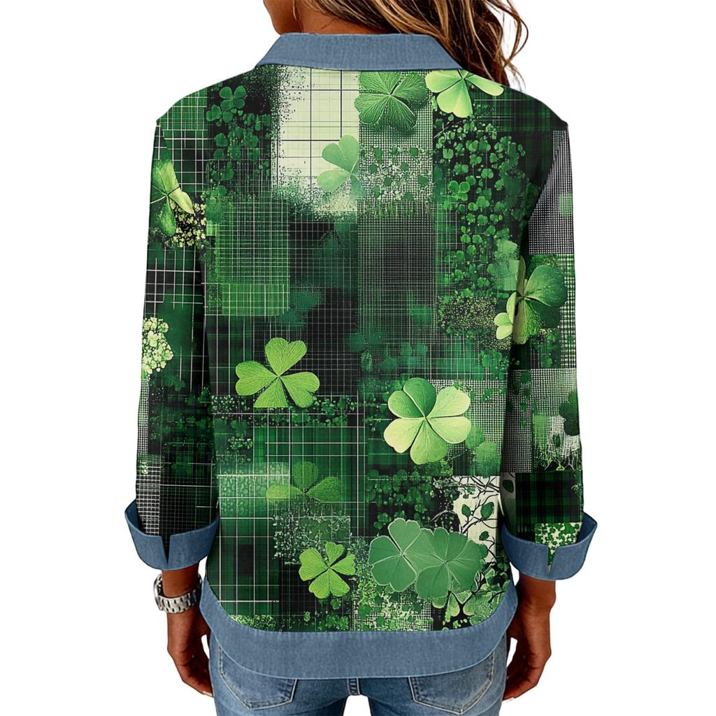 Women's Fashion Long Sleeve Denim Patchwork Pullover Sweatshirt St Patrick's Day Floral Clover Print Casual Top