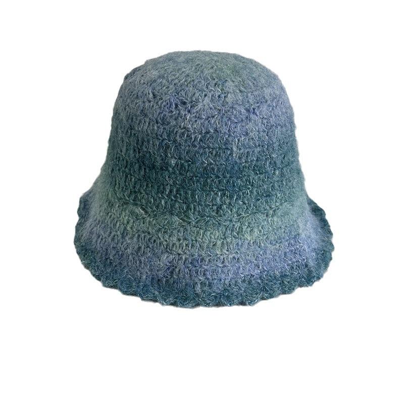 Wool Color Gradual Change Knitted Bucket Hat Women's Autumn and Winter Warm Face Small Ruffle Edge Wool Blend Basin Hat