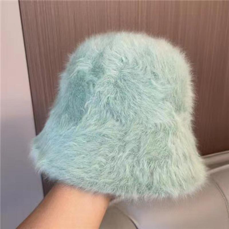 

Шапка-рыболов из меха кролика для женщин на осень-зиму, большая окружность головы для женщин, плюшевая, высокого класса, подчеркивающая маленькое лицо, белая шляпа-ведро M（56-58cm） мятный зеленый