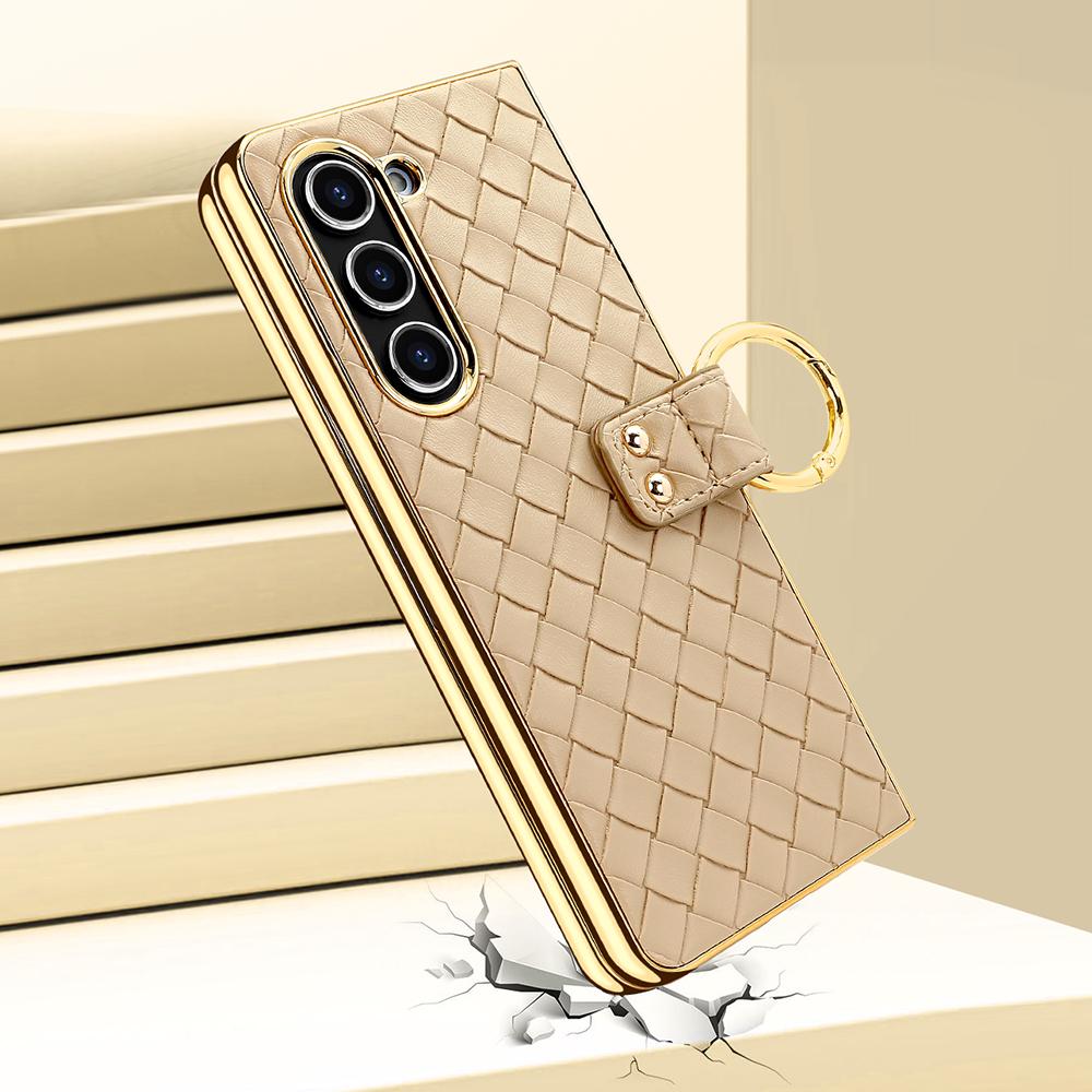 Für Samsung Galaxy Z Fold5 5G Hülle Gewebte Textur Leder+PC Handyhülle mit Rückseitenfolie