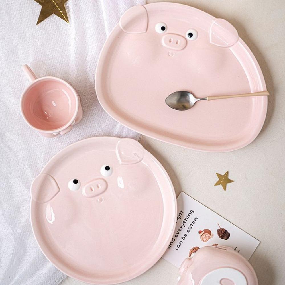 Cartoon Piggy Tableware Set, Cute Underglaze Dessert Plate, Mug, Coffee Cup, Household High-value Ceramic Rice Bowl Plate