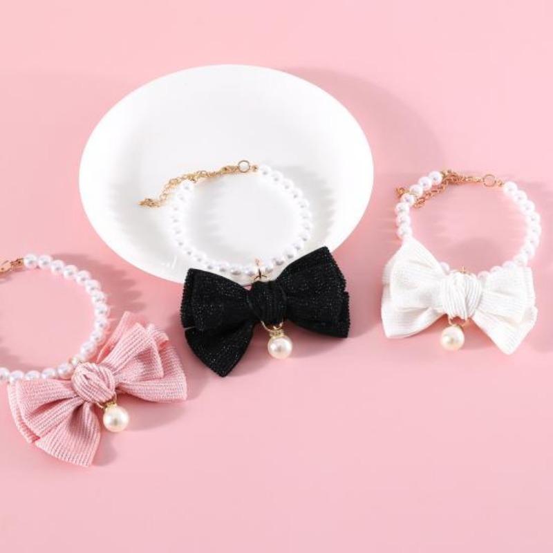 Pet Necklace Elegant Adjustable Cat Dog Collar with Faux Pearl Bow Cute Pet Neck Circle Pet Accessory