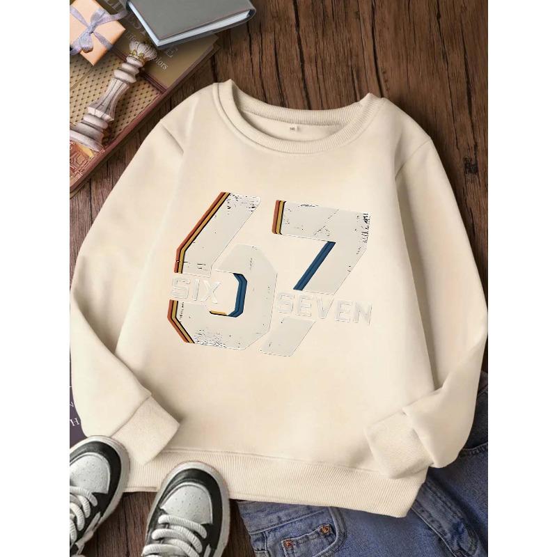 Kids Over 4 Years Old Retro Distressed SIX SEVEN Number 67 Print Sweatshirt Unisex Boys Girls Vintage Stripe Crewneck Long Sleeve For 4-12Y Children