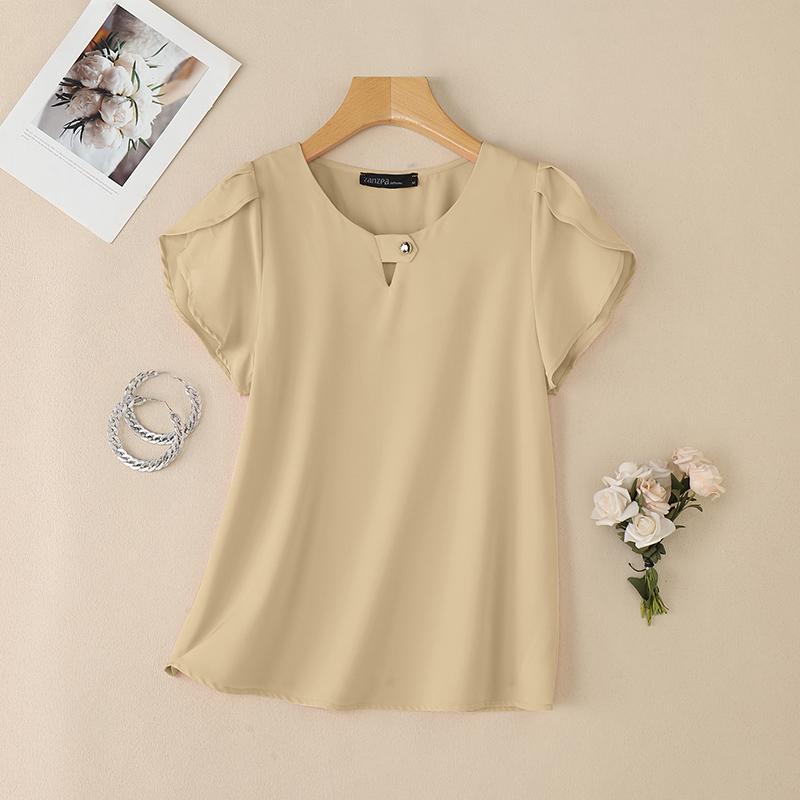 ZANZEA Women Casual Round Neck Solid Color Summer Short Sleeve Blouse