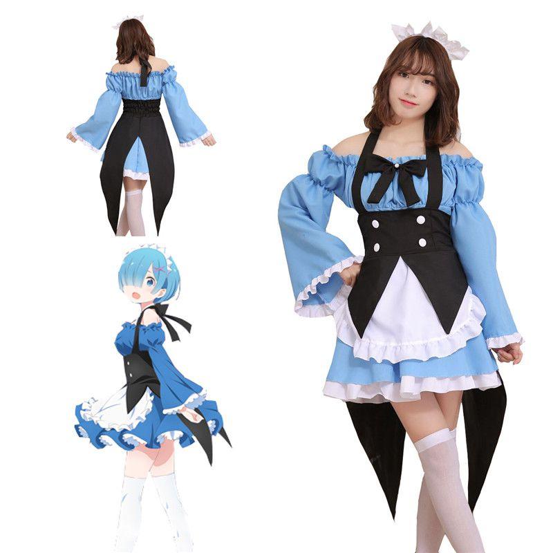 Elegant Re Zero Kara Hajimeru Lsekai Seikatsu Rem Ram Maid Dress Cosplay Costume Outfit With Exquisite Workmanship