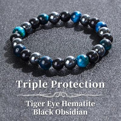Bracciale Tripla Protezione Malachite Blu Ossidiana Nera Bilia Bracciale con Perline Bracciale Elastico con Perline Fatto a Mano