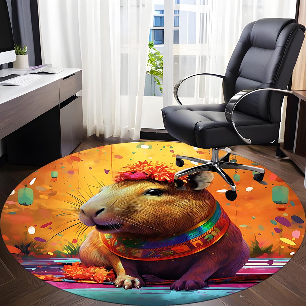 1pc Capybara Festival Office Round Rug, Carpet for Office, Gaming, Lightweight Round Floor Mat yy260205082