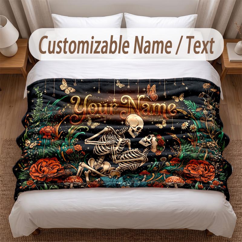Skull Gothic Theme Soft Blanket Personalized Custom Name Text Print Warm Blanket Home Sofa Bedroom Decor