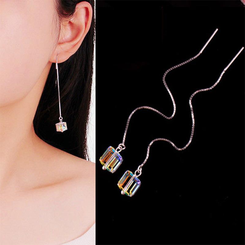 1Pair S925 Silver Needle Acrylic Square Earrings Line Tassel Chain Drop Earring Women's Ear Line Straight Jewelry Gifts