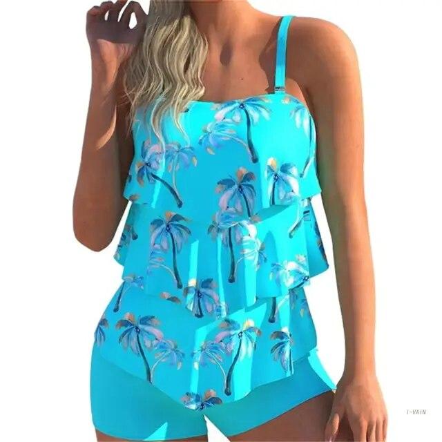 Ruffle Flounce Bathing Suit Fashion Two Pieces Tankini Swimsuit Summer  Top Swimwear with Boyshorts for Women Female