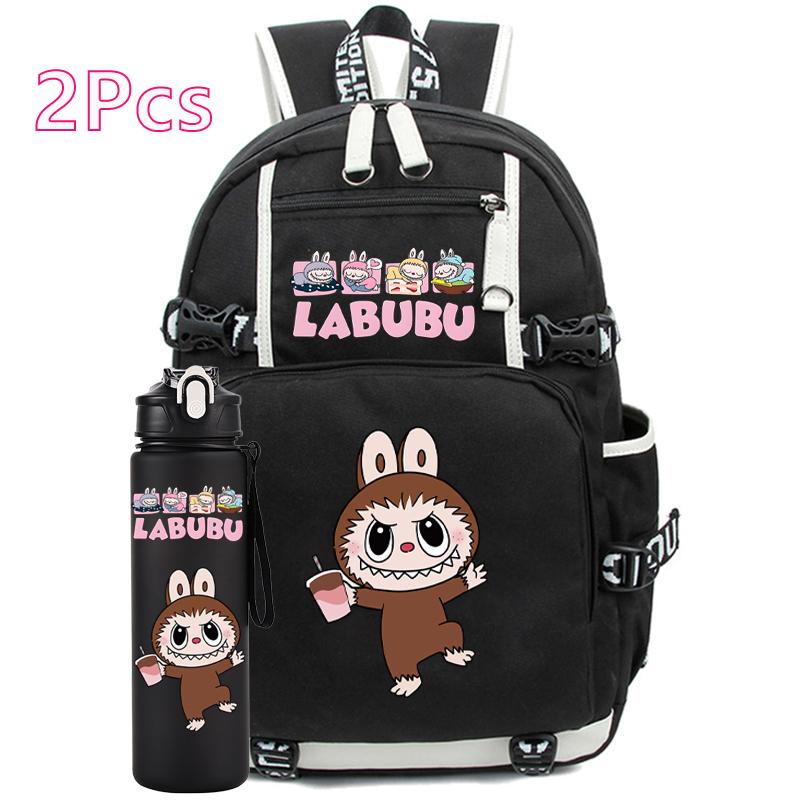 2Pcs/set Cartoon Printed Backpack with Water Bottle Student Boy Girl Large Capacity Schoolbag Women Travel Bag Kid Gift