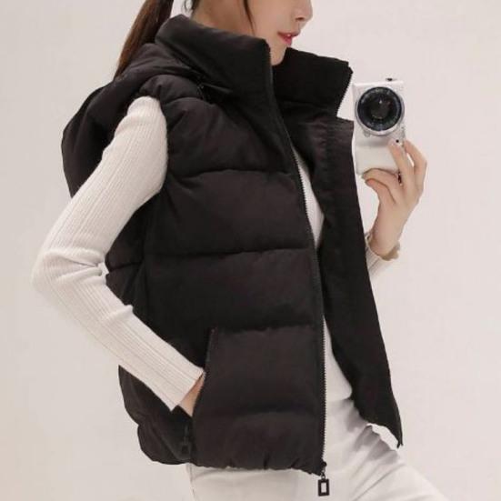 Women Winter Cotton Coat Hooded Neck Protection Thickened Padded Detachable Hood Short Type Windproof Zipper Pocket Zip-up Waistcoat