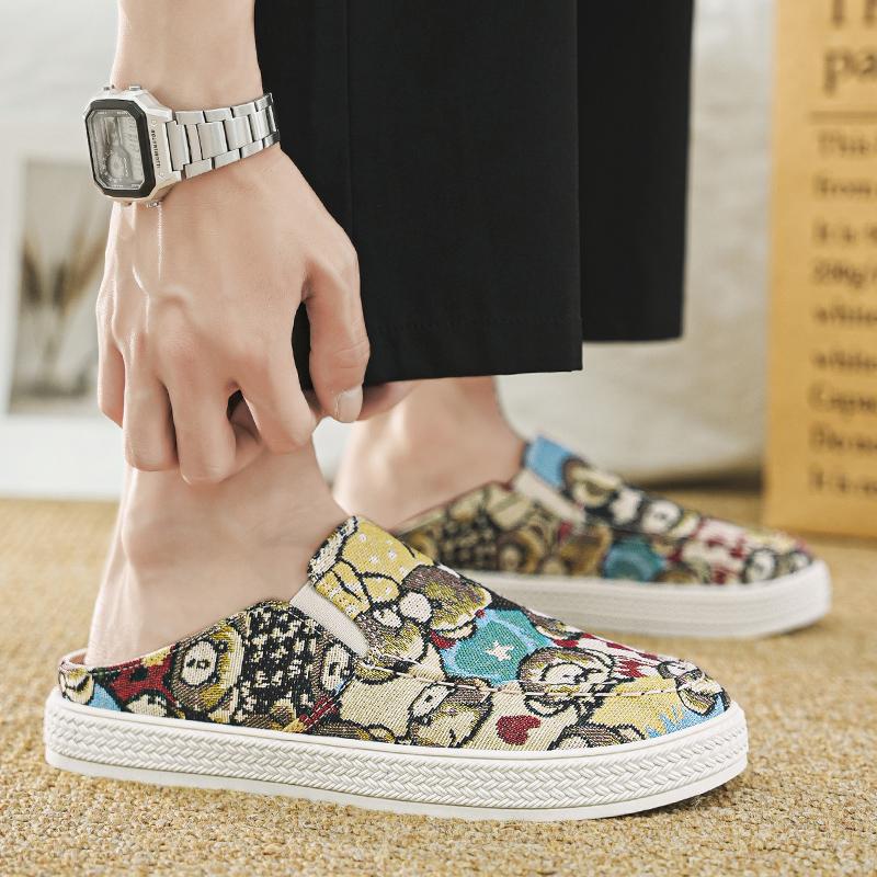 Summer New Versatile Casual Men's Shoes Cloth Shoes Half Drag, Gray Yellow