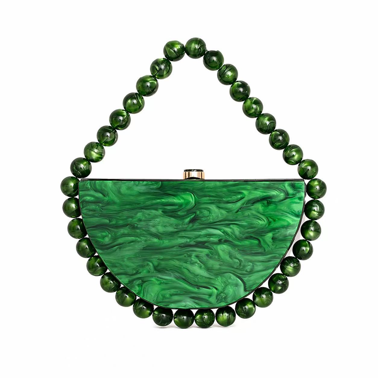 

New Pearlized Acrylic Semi-Circle Beaded Handbag for Women Vintage Style Square Evening Clutch Purse темно-зелений колір