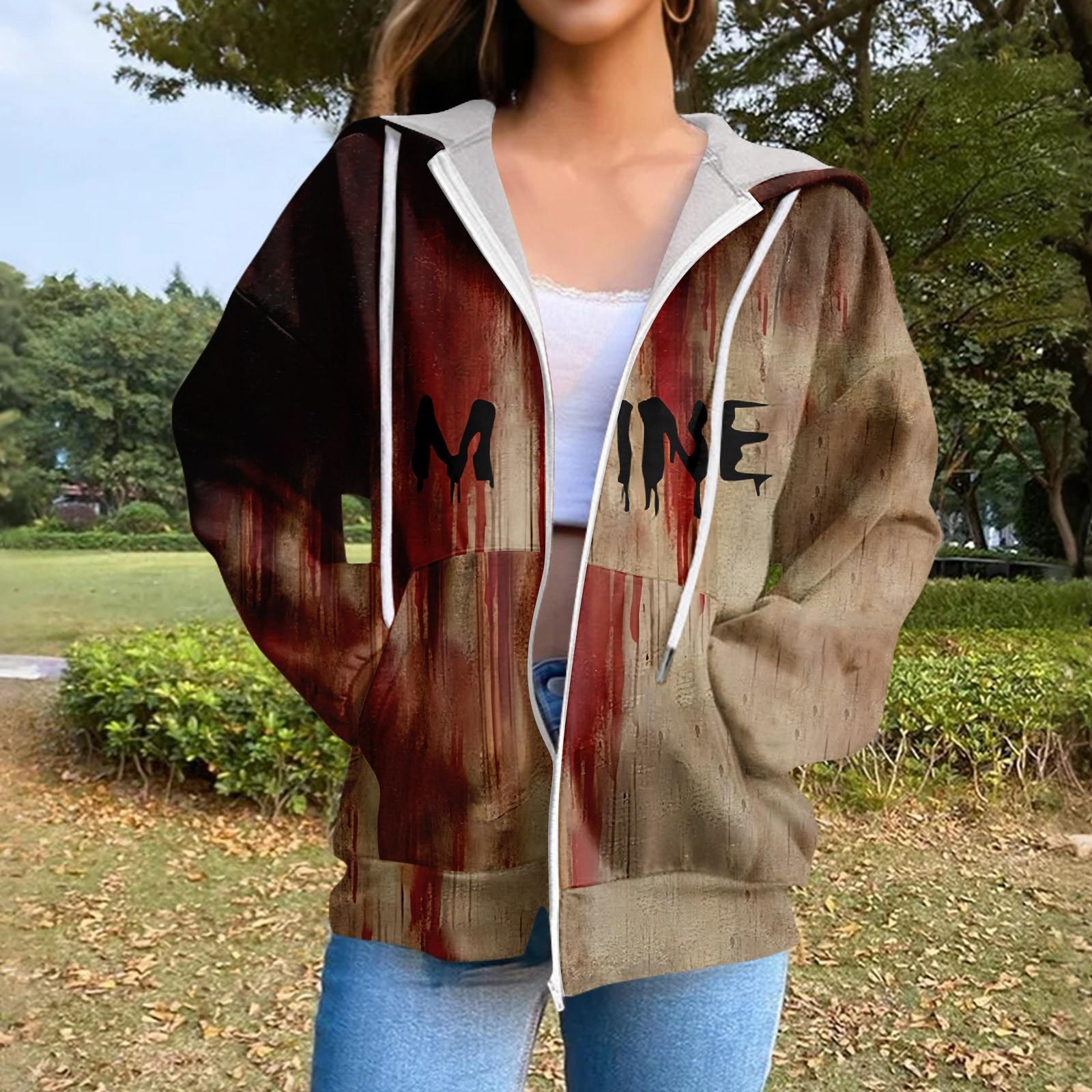 

Women s Casual Fashion Long Sleeve Zipper Printed Drawstring Hooded Sweatshirt M хакі