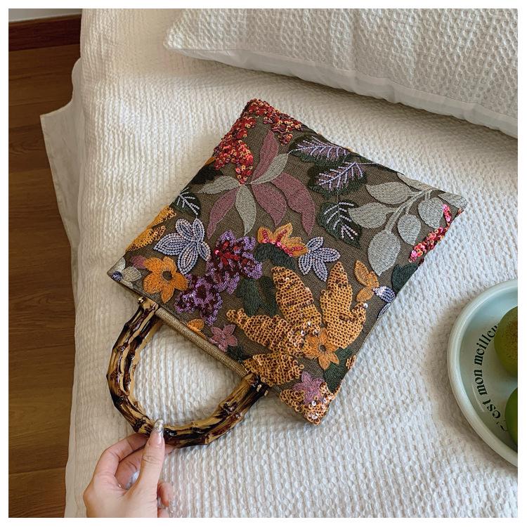 2024 Women's Cross-border Linen Bamboo Handbag with Embroidery and Sequins