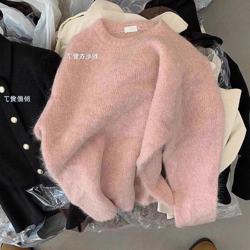 Autumn and Winter Gentle Soft Waxy Thick Niche Chic Pink Mohair Sweater Knitted Sweater