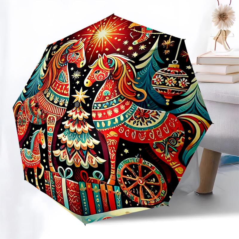 

1pc Christmas Horse Decorative Automatic Opening Folding Umbrella with 8-Rib Iron Frame, Suitable for Fans, Travel, Daily Use, Gift for Outdoor Enthus