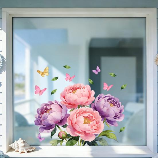 Watercolor Peony Flower Window Cling Floral Butterfly Window Sticker Static PVC Glass Doors Decals for Home Office Living Room