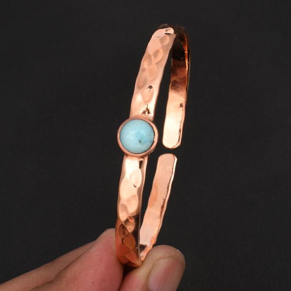 

Larimar GemStone Open Bangle Hammered Pure Copper Metal Adjustable Cuff Bracelet - Unique Boho Jewelry Gift