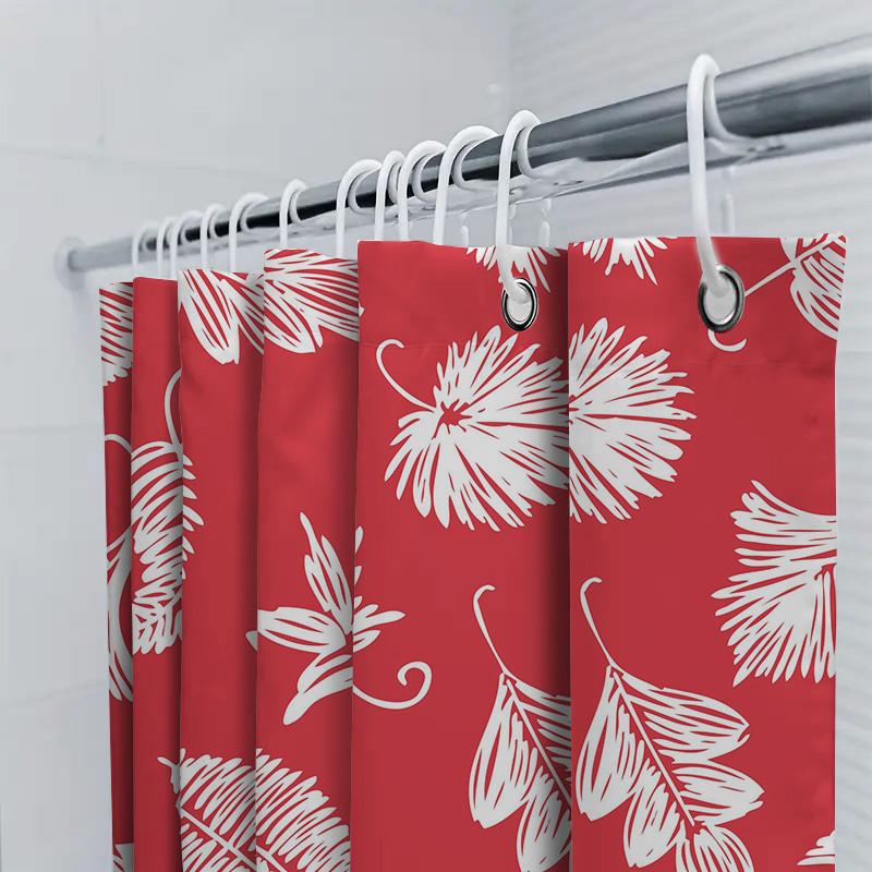 Red And White Palm Leaf Shower Curtain Waterproof Fabric Bathroom Decor Bath Accessories For Home Decoration Size 72X72 Inches (