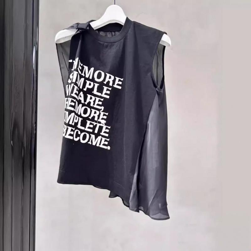 FOG SACAI 2024 Summer Patchwork Pleated Loose Casual T-Shirt S чёрный