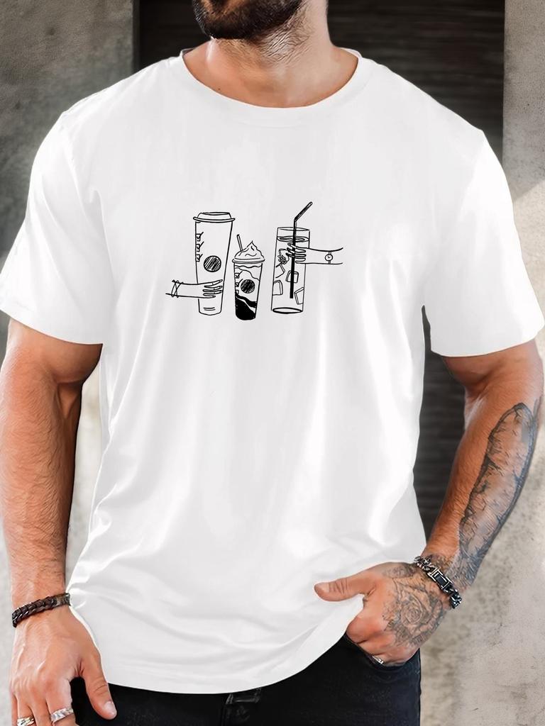 Minimalist Line Art Coffee Beverage Cups Print Unisexs Crew Neck Short Sleeve Casual Daily Summer Basic Comfort Fit Soft Tee Shirt