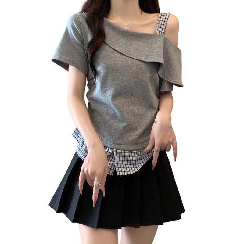 La Chapelle Women s Plaid Off-Shoulder Short Sleeve Tee M