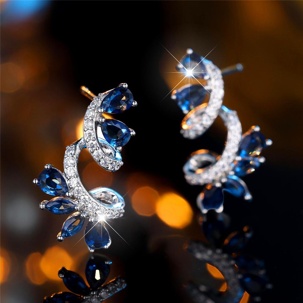 Cute Female Crystal White Blue Zircon Stone Leaf Flower Stud Earrings Vintage Silver Color Party Wedding  For Women