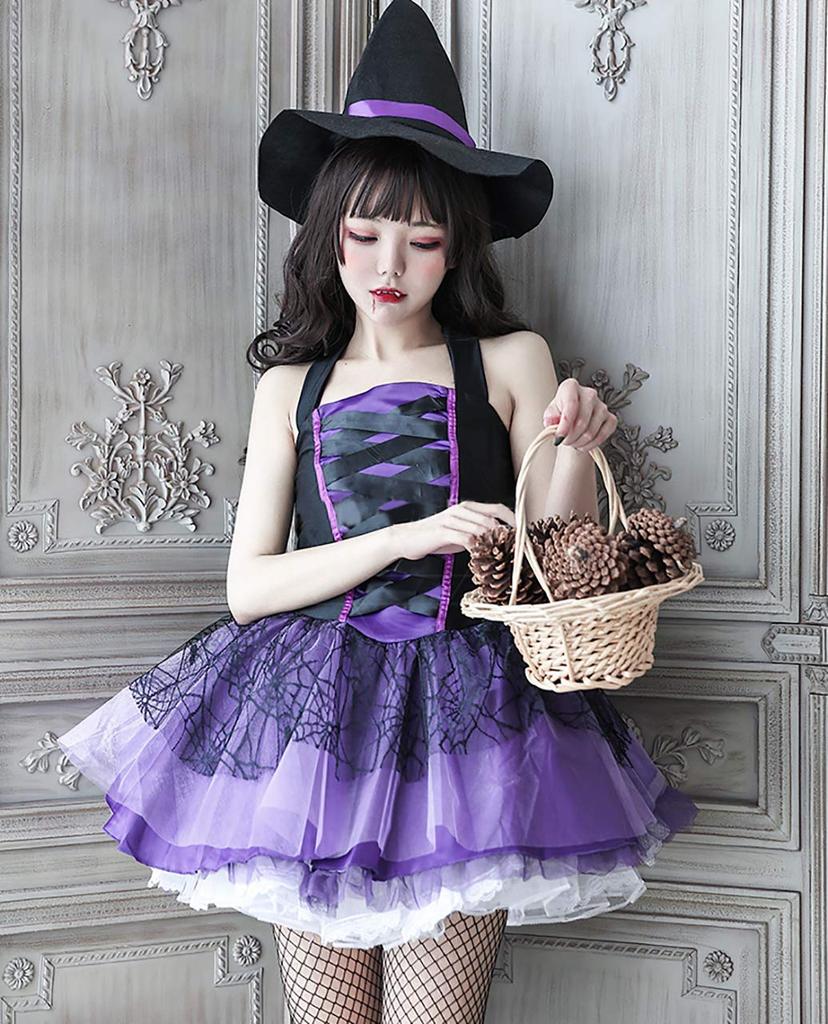 [Milky Time] Witch Halloween Cosplay with Hat, Gothic Lolita Dress, Sexy, Adult, Mini Dress, Purple