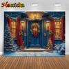 Mocsicka Christmas Blue House Backdrops Soft Washable Snow Gifts Tree Photo Background Light Wreath Door Decors Wallpaper Banner