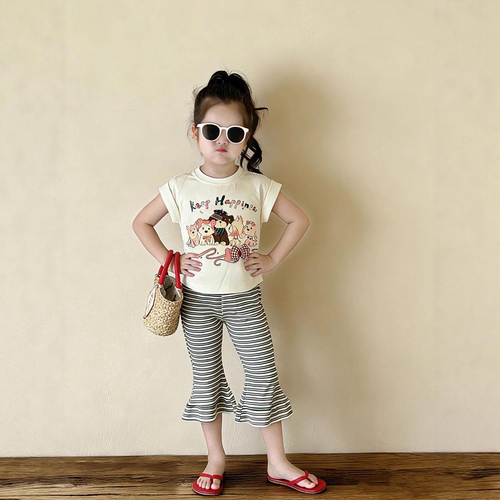 2025 Stilvolles Sommer-Zweiteiler-Set für Mädchen: Süßes T-Shirt & Schlaghosen