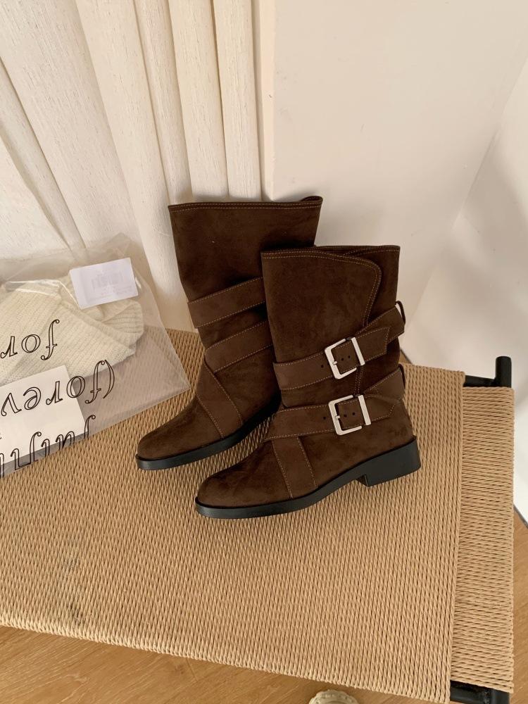 2025 New Fashionable Spice Girl Round Head Buckle Belt Outer Wear Medium Tube Roman Martin Boots Versatile Fashion Boots