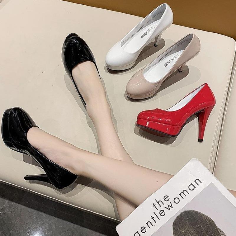 New high-heeled fashion women's shoes waterproof table thin-heeled single shoes patent leather round head large-size work women's single shoes