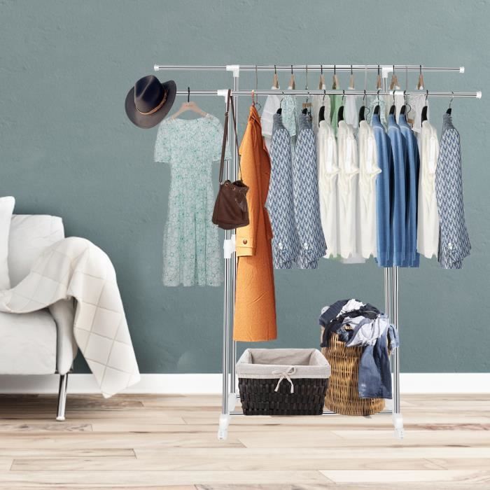 Portant à Vêtements avec Roulettes - Métal - Blanc - Adulte - 88 à 150 cm