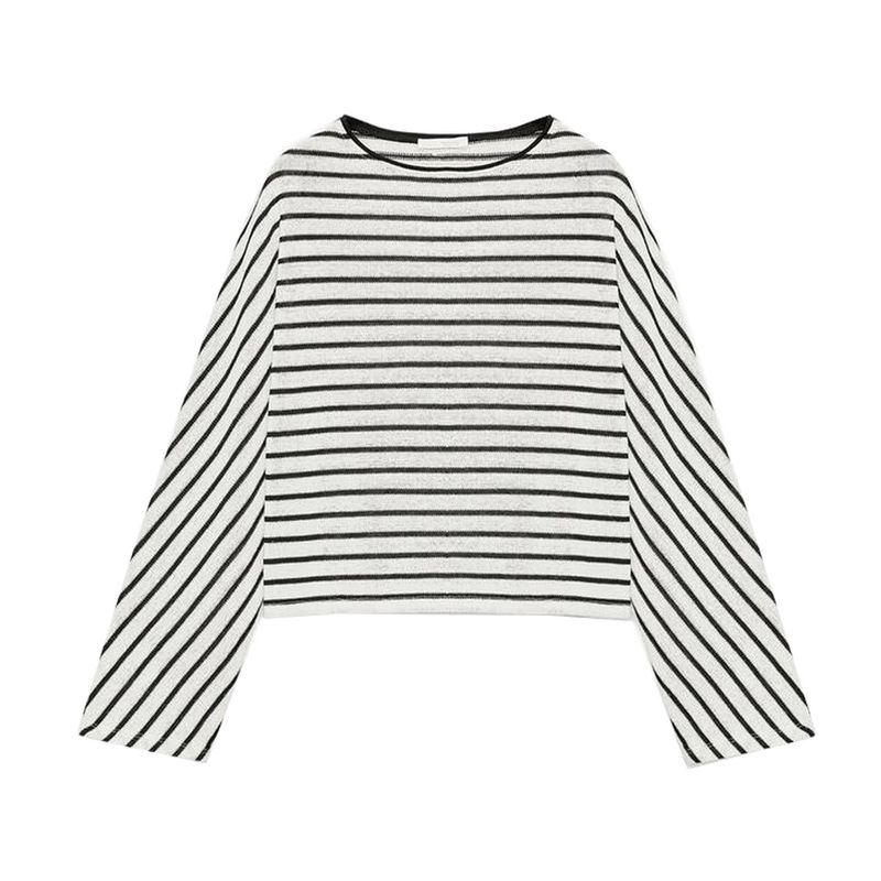 Fall New Women's Clothing French Cotton Loose round Neck Batwing Long Sleeve Stripes Fashion Tops 1165260