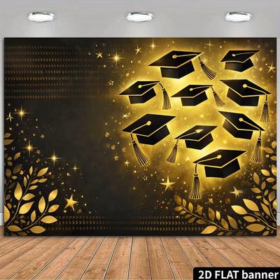 2D Glitter Graduation Party Backdrop Black Gold Cap Photo Booth Banner