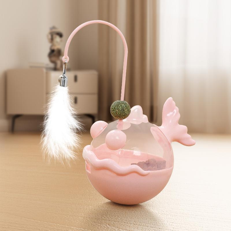 Tumbler Cat Teaser Toy With Removable Feathers & Bells - Self Amusing Kitten Play Wand Easy To Clean And Reassemble