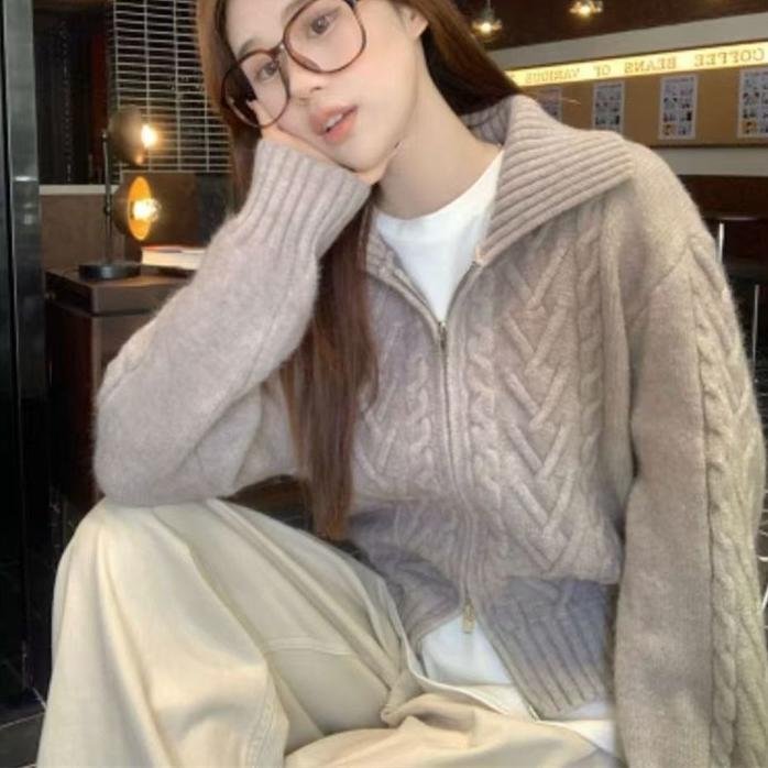 autumn winter Women zipper Knitted Cardigan casual loose solid thicken Sweater korean Long sleeve gray Short coats Tops Sweaters