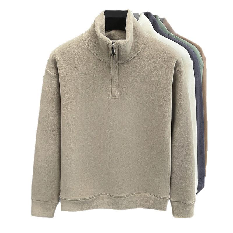 Men's Thick Coral Fleece Half-Zip Stand Collar Hoodie - Autumn/Winter Style, Solid Color, Fashionable